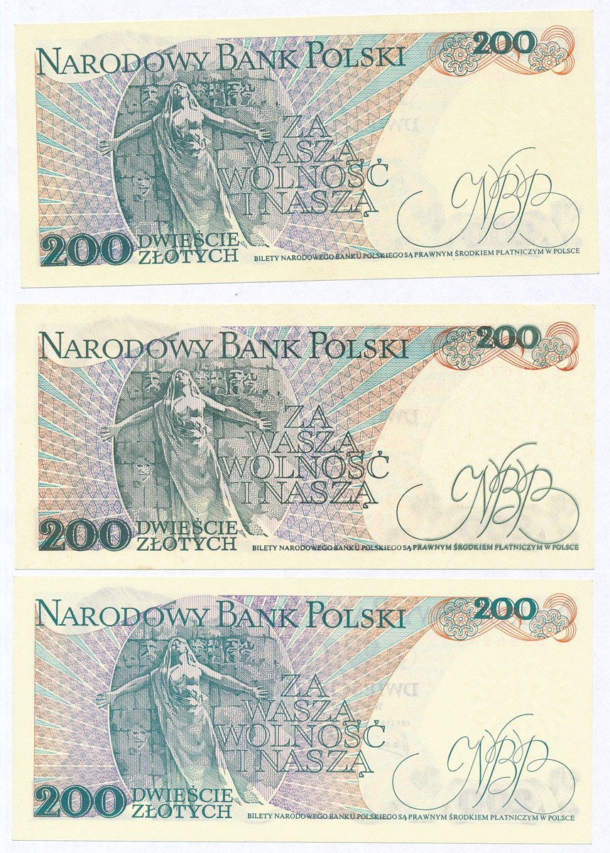 200 złotych 1976 - 1988, zestaw 3 banknotów